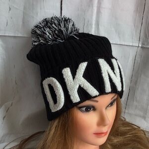 DKNY Logo White Black Beanie Winter Hat